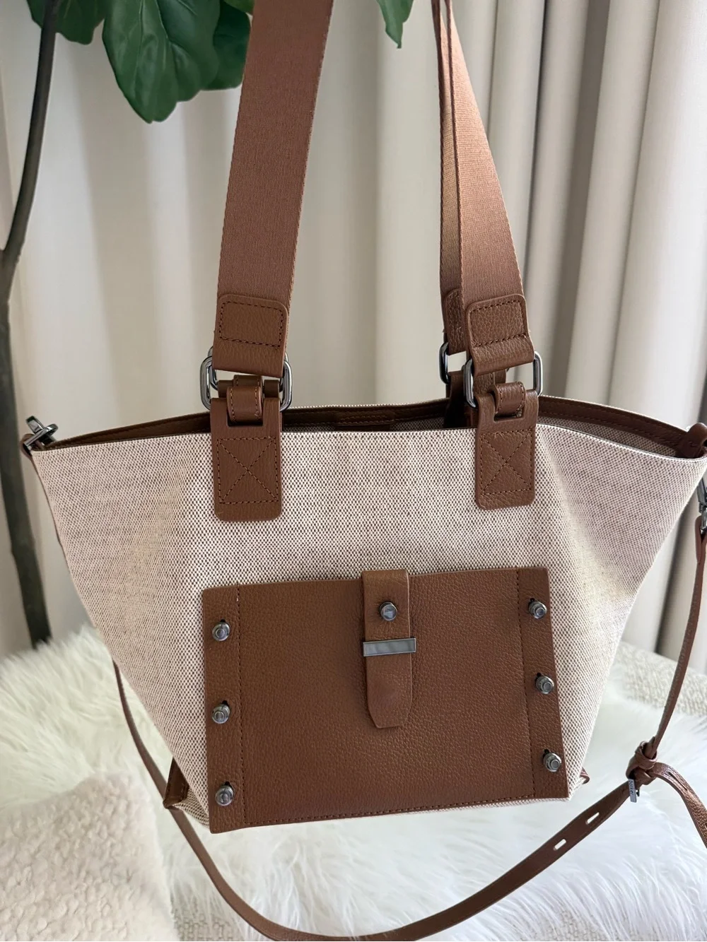 Botkier Beige Canvas Tote with Brown Leather Trim